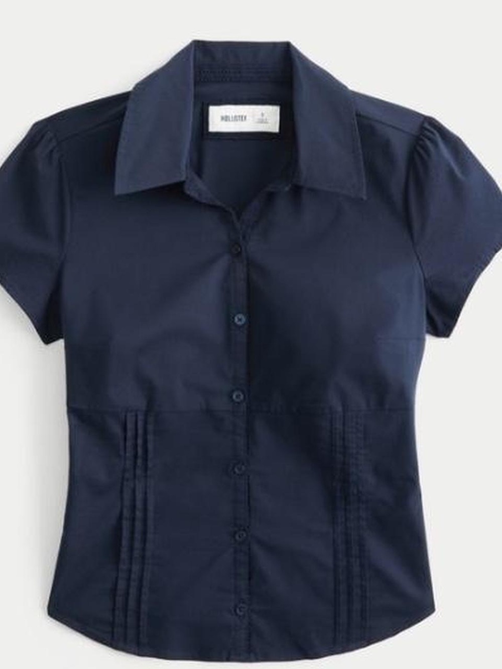 Hollister Navy Short-Sleeve Button-Down Shirt with Pintuck Detail